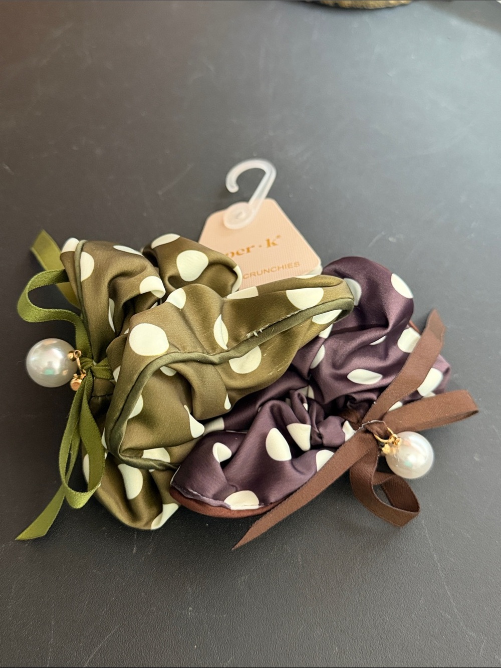 Piper K silky scrunchie with faux pearl set of 2 hair ties